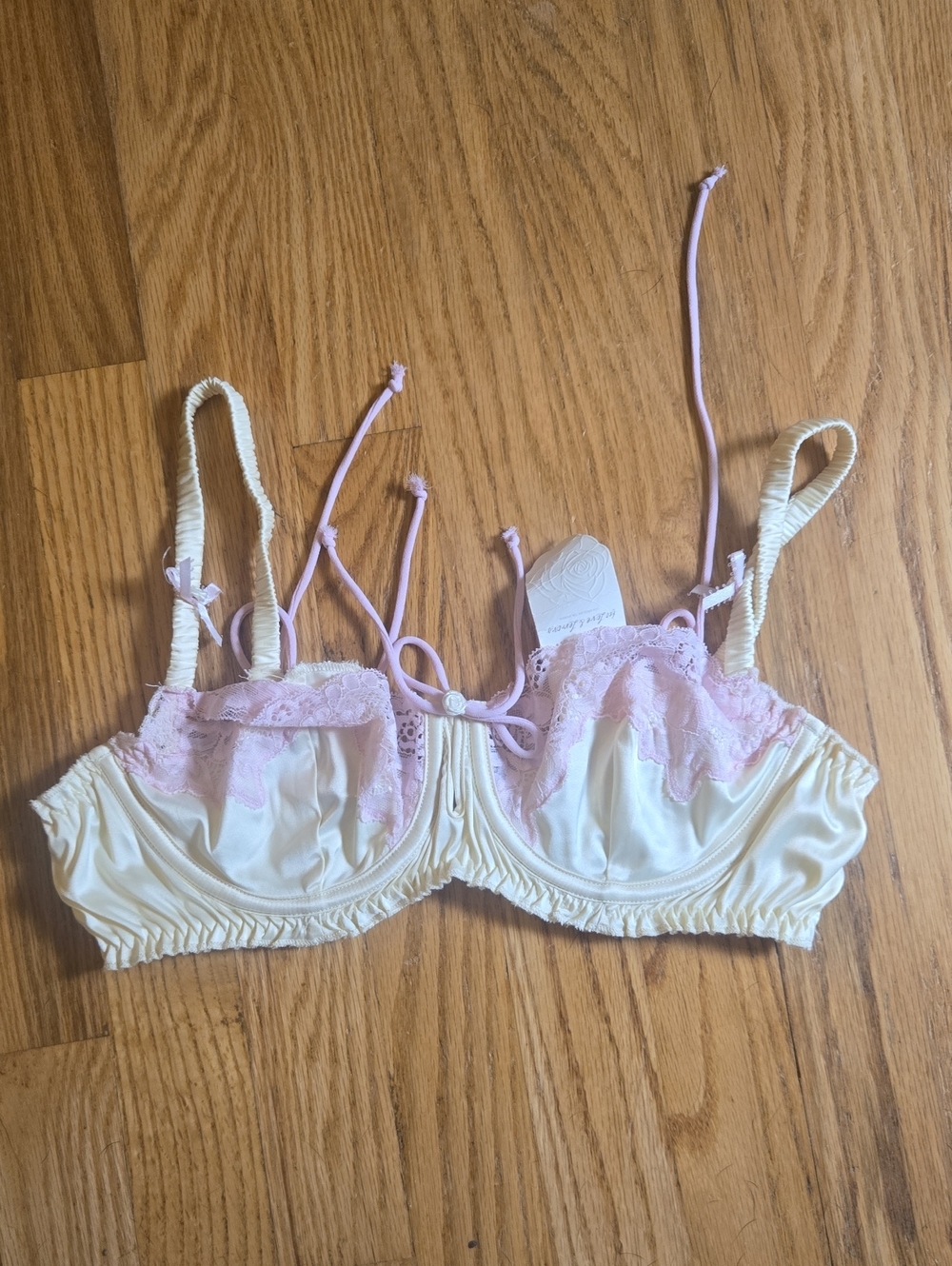 BN For Love & Lemons yellow satin pink lace balconette bra 36B